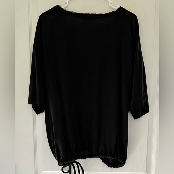 7 for All Mankind 1/2 Sleeve Black Silk Raw Edge Boxy Top Drawstring Chunky Cord - Picture 3 of 5